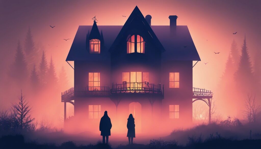 Een mysterieus droomhuis gehuld in dichte mist, met suggestieve schaduwen.