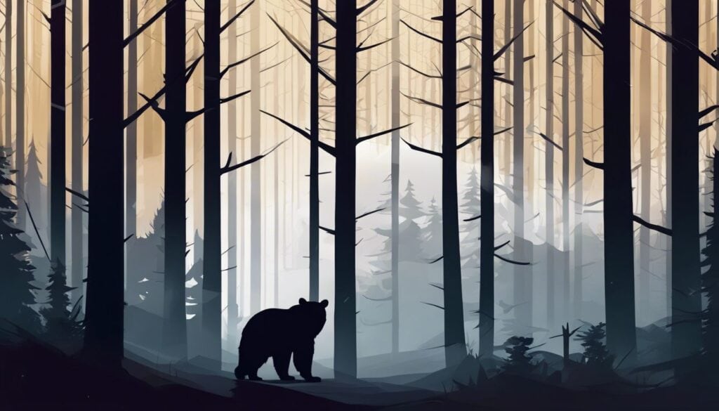 Een eenzame beer dwaalt door een donker, mistig bos bij schemering.