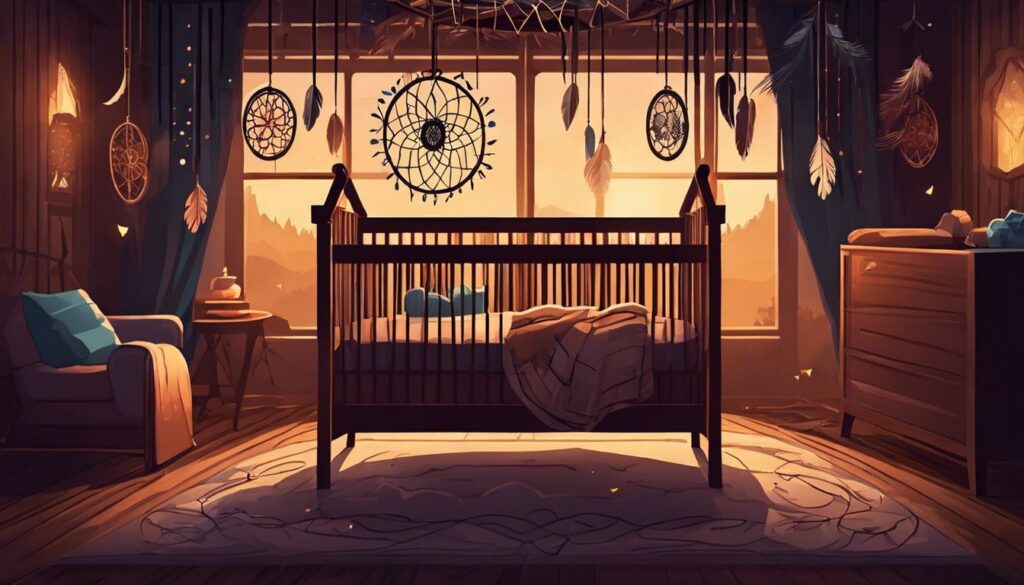 Een mystieke babykamer met dromenvangers en een wieg.
