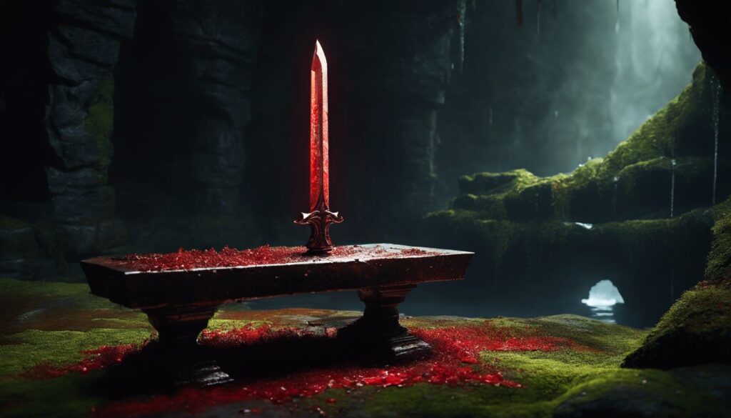 Een roestig metalen dolk bedekt met opgedroogd bloed, rust op een met mos bedekte stenen altaar in een duistere grot.