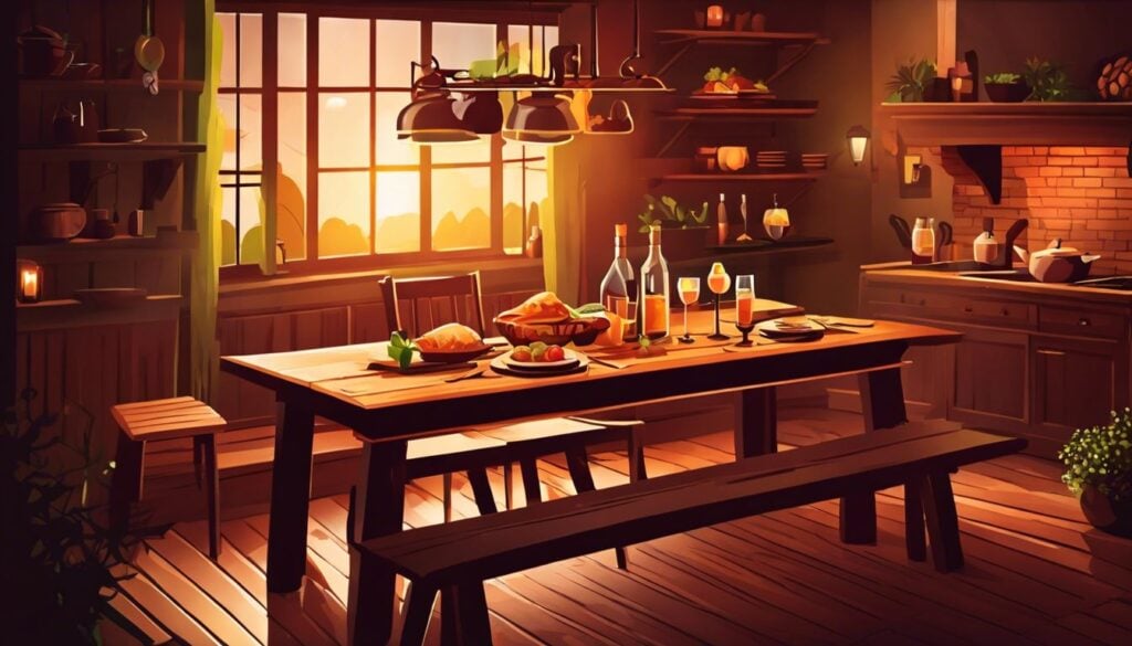 Een rustieke eettafel vol heerlijke gerechten in een gezellige keuken.