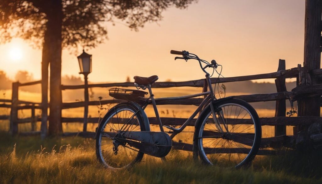 Een oude roestige fiets leunt tegen een versleten houten hek in een rustig plattelandsscène bij schemering.