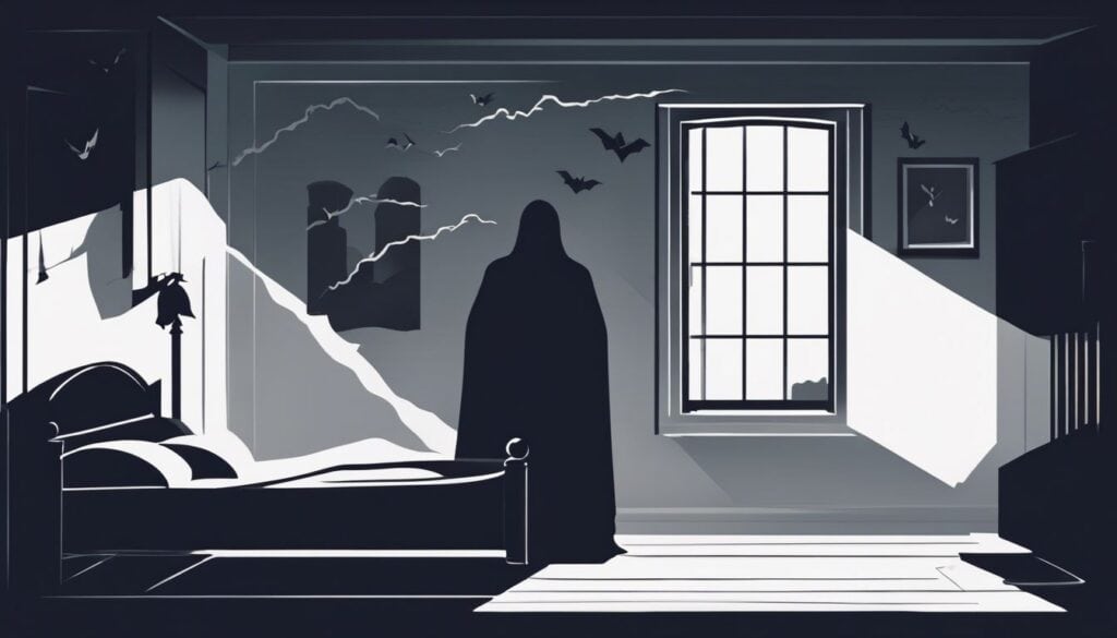 Een slecht verlichte slaapkamer 's nachts met een spookachtige silhouet.