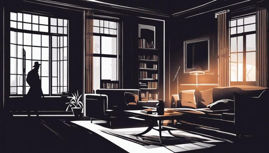 Een slecht verlichte woonkamer met een mysterieuze figuur buiten het raam.
