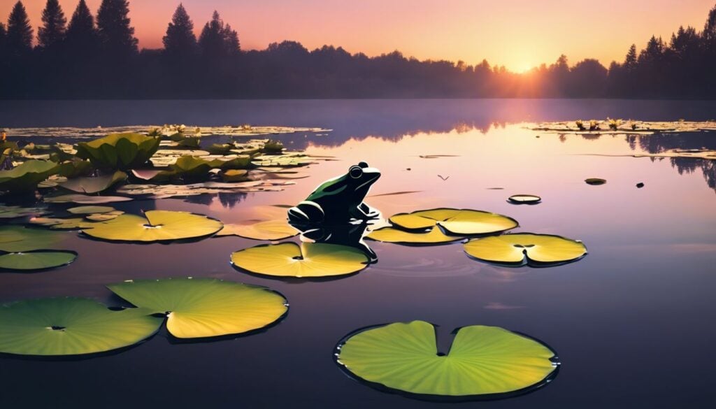 Een rustige vijver bij zonsondergang met een kikker en waterlelies.