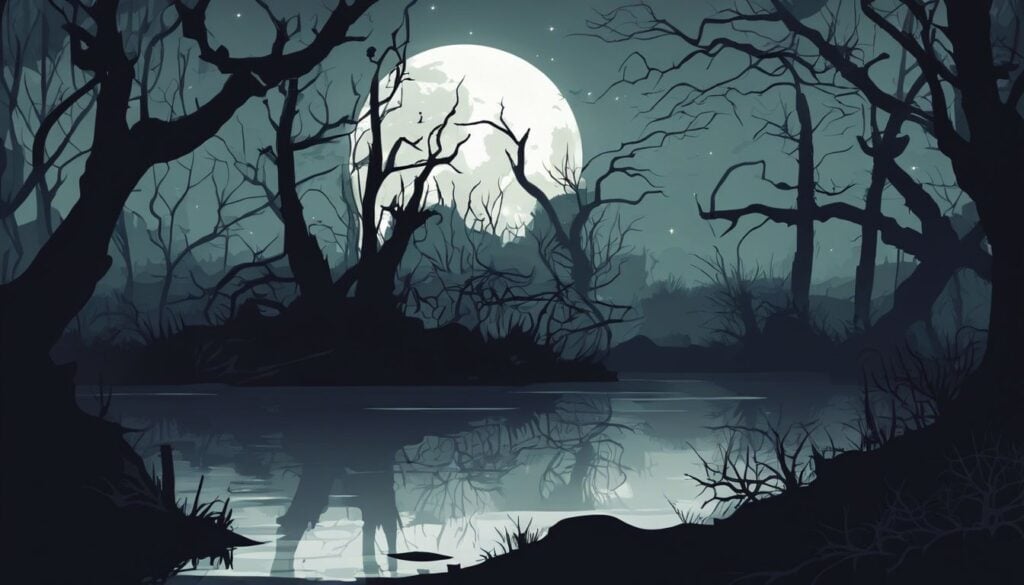 Een angstaanjagend moeras bij nacht met krokodillen en donkere bomen.