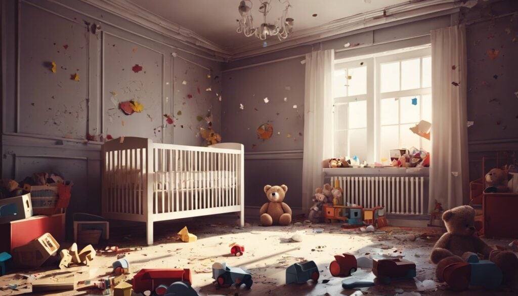 Een verlaten kinderkamer met gebroken speelgoed en een omgevallen teddybeer.