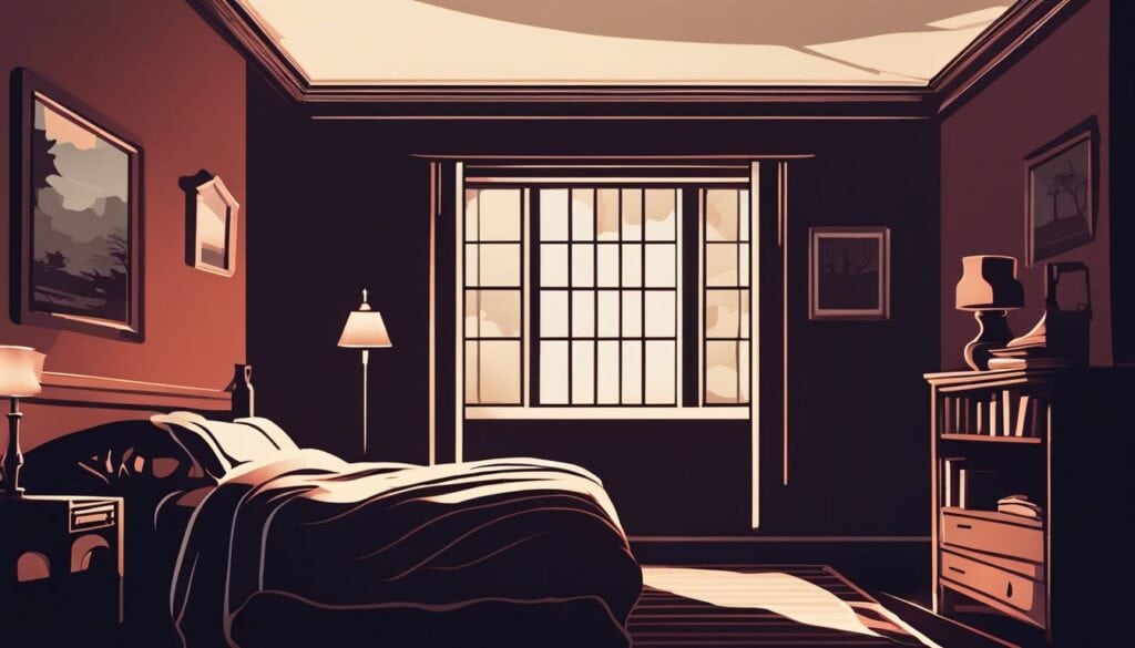 Een enigszins open raam in een donkere slaapkamer met een boek over moord op het nachtkastje.