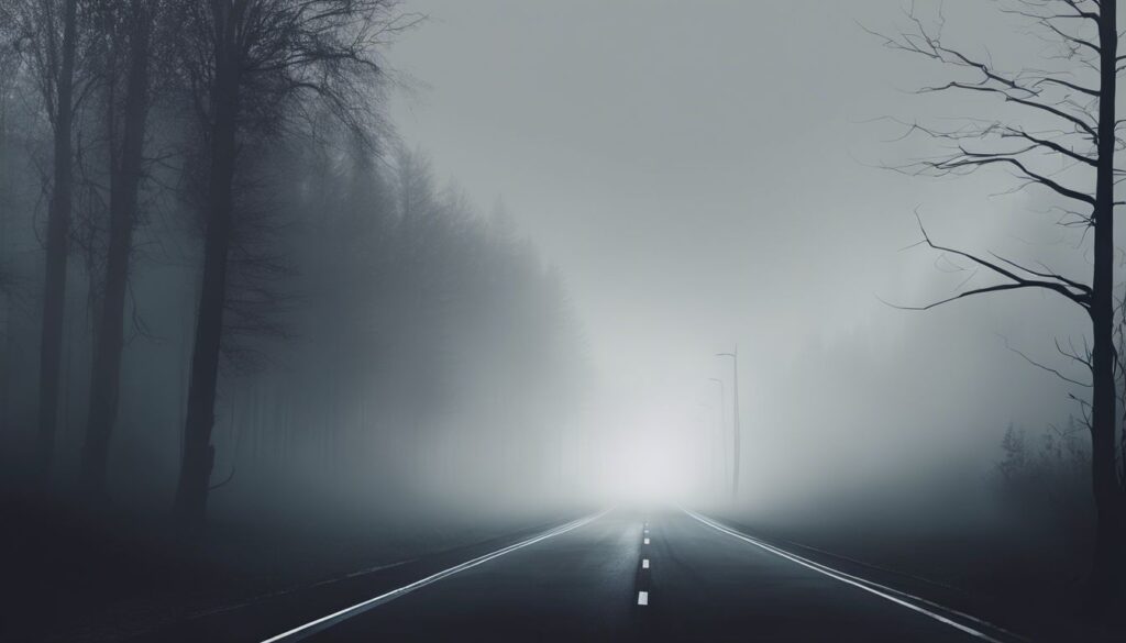 Een donkere, verlaten weg gehuld in dikke mist en mysterieuze schaduwen.
