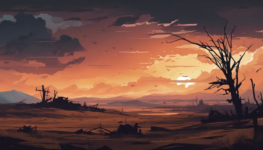 Een verlaten, door oorlog geteisterd landschap bij zonsondergang.