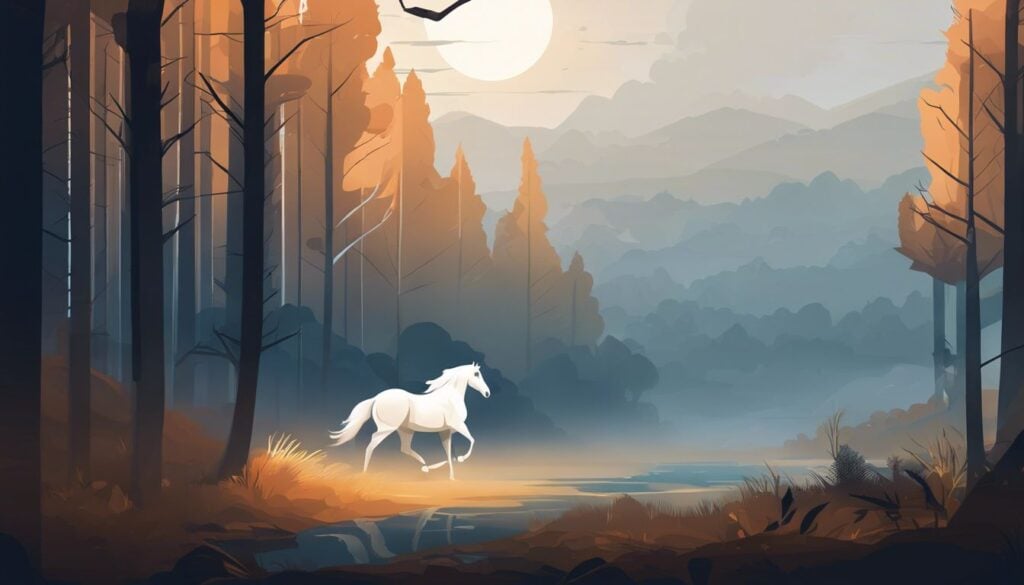 Een majestueus wit paard staat in een mistig bosachtig gebied.