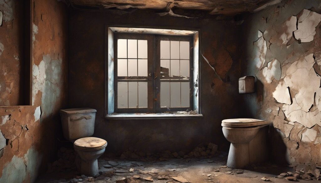 Een verlaten en vervallen toilet symboliseert de verborgen betekenissen van dromen over ontlasting.