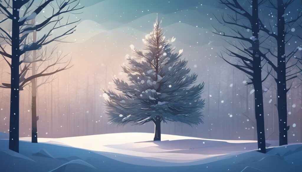 Een enkele besneeuwde boom in een winterbos.