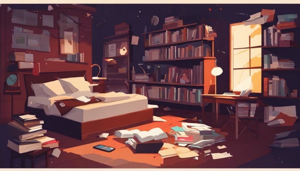 Een rommelige slaapkamer met een late wekker, verspreide papieren en zelfhulpboeken.