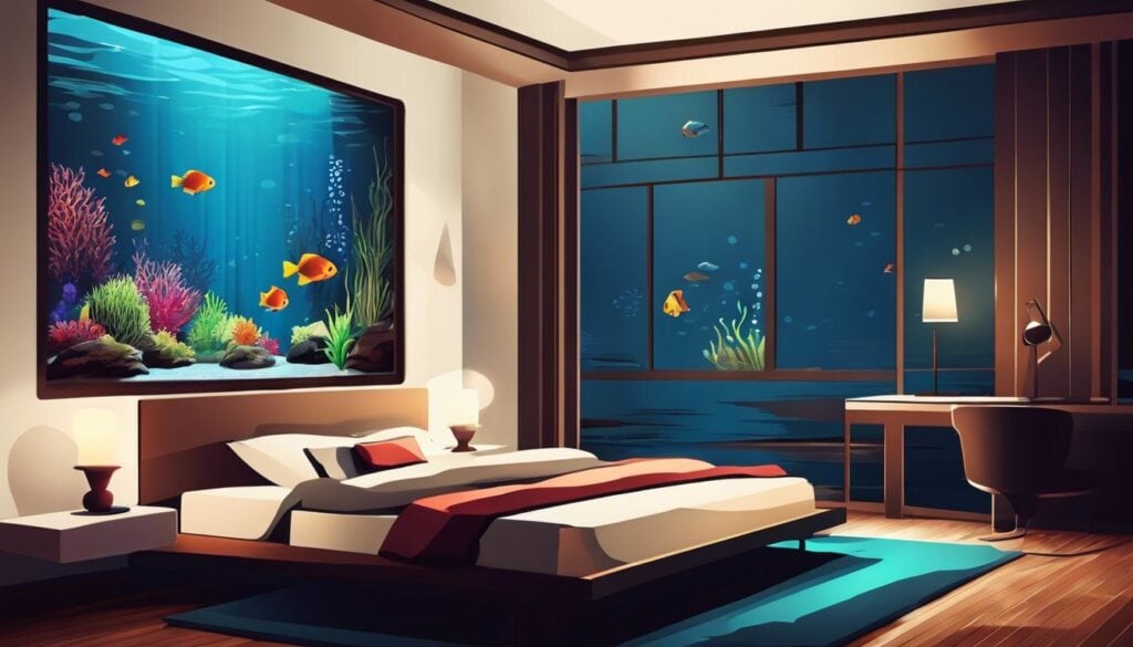 Een slaapkamer met een vis tank, vredige vissen en een mystieke sfeer.