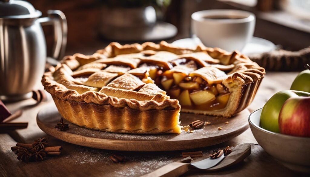 Een gezellig café met een versgebakken appeltaart en koffie.