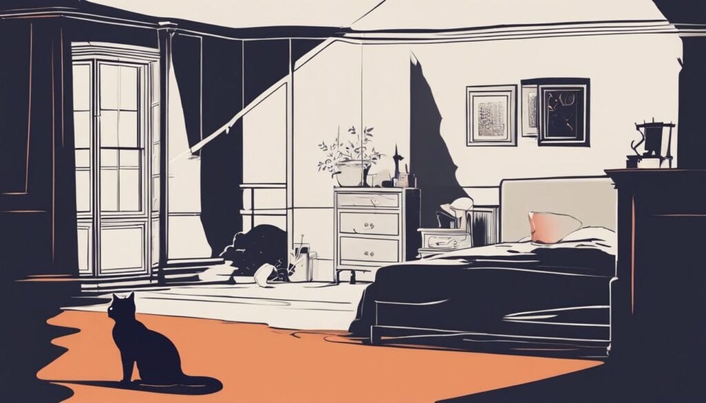 Een slecht verlichte slaapkamer met een mysterieuze schaduw van een kat.