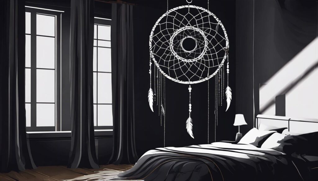 Een donkere, mysterieuze slaapkamer met een bed en een raam bedekt met dikke gordijnen, en een surrealistische dromenvanger die zachtjes in de wind zwaait.