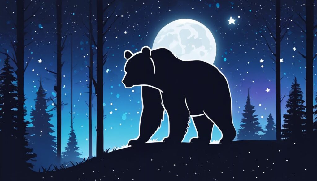 Een majestueuze beer staat in een maanverlichte bosopruiming onder een heldere sterrenhemel.