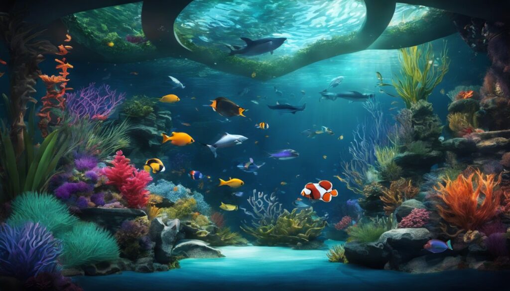 Een kleurrijke en levendige onderwaterwereld in een aquariumsetting.