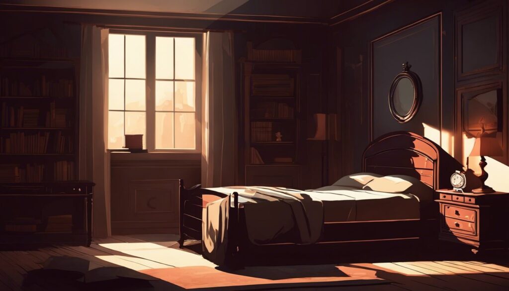 Een enigszins verlichte slaapkamer met een mysterieuze sfeer en een spiegel die een leeg bed weerspiegelt.