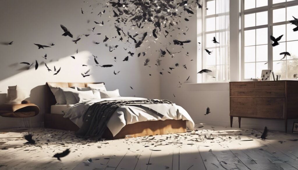 Een slecht verlichte slaapkamer met een gebarsten spiegel en vallende vogelfiguur.