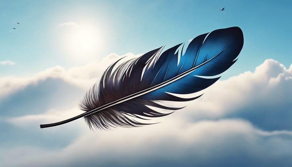Een rustgevende veer zweeft in de lucht boven een heldere blauwe hemel.