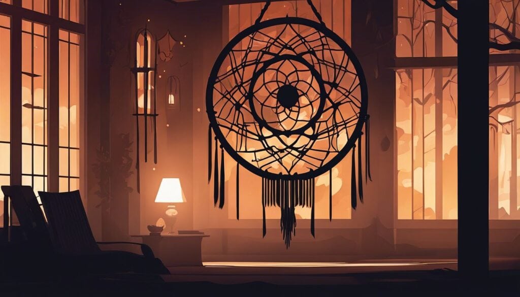 Een dromenvanger hangt in een donkere kamer met symbolen en schaduwen.