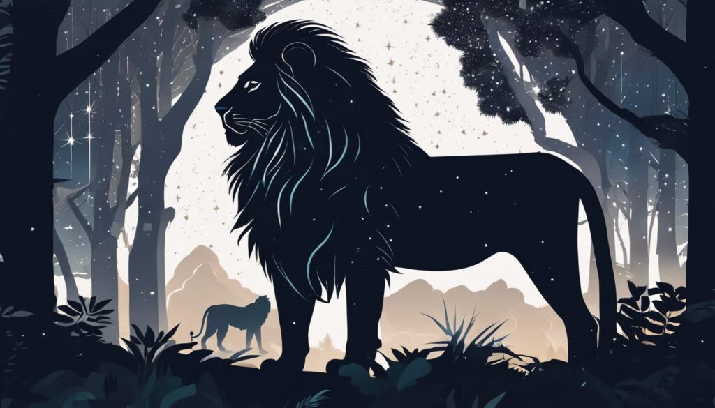 Een majestueuze leeuw staat regelmatig onder een sterrenhemel in een donker bos.