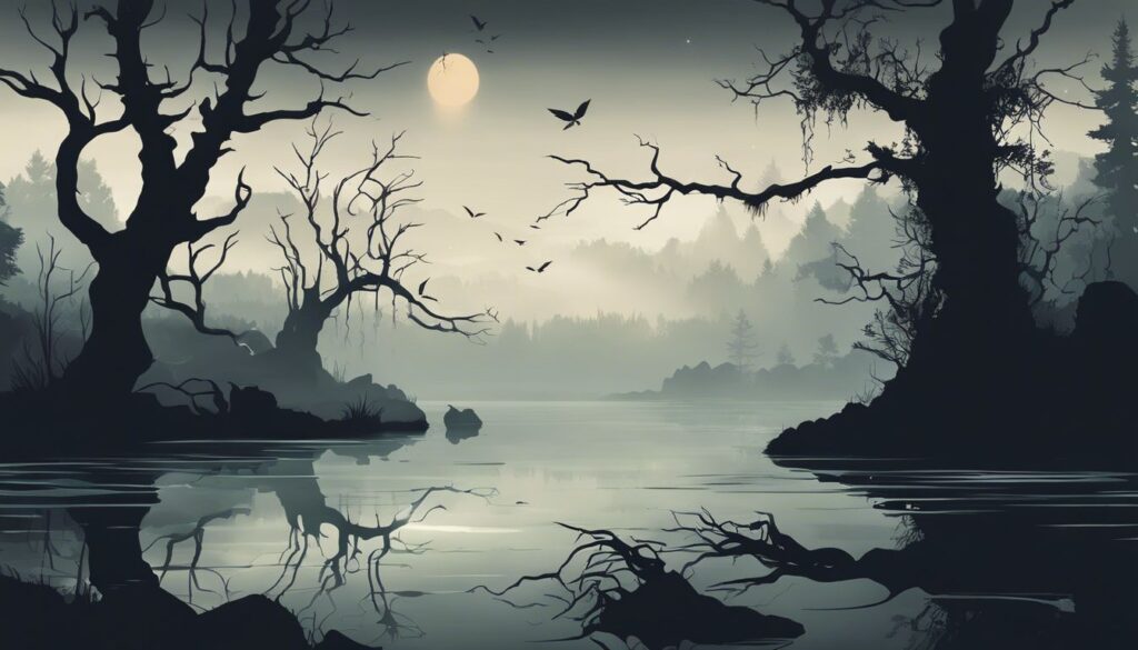 Een donkere, mistige vijver met vervormde bomen en een spookachtige sfeer.
