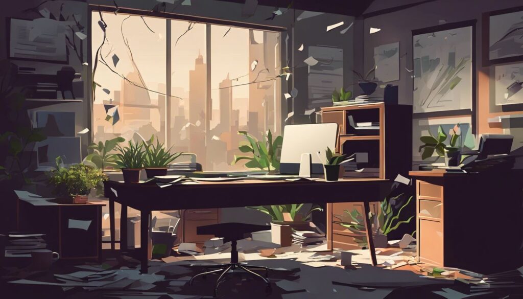 Een rommelig kantoor met verwaarloosde planten en papieren overal.