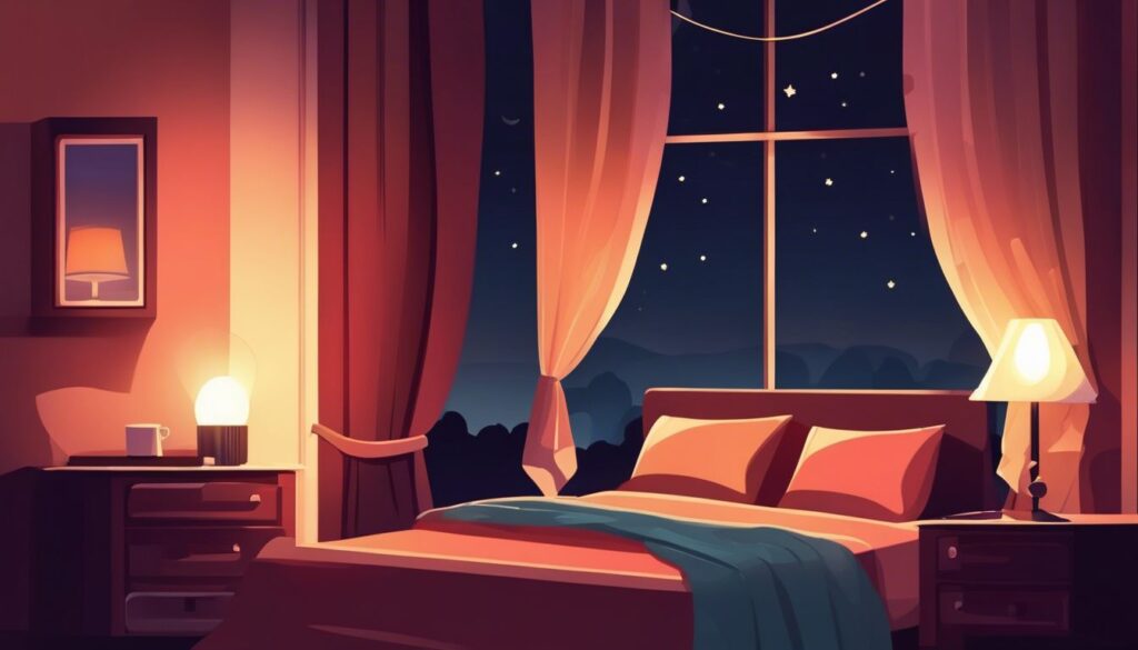 Een comfortabele slaapkamer 's nachts met een zacht verlichte lamp en een open raam met wapperende gordijnen.