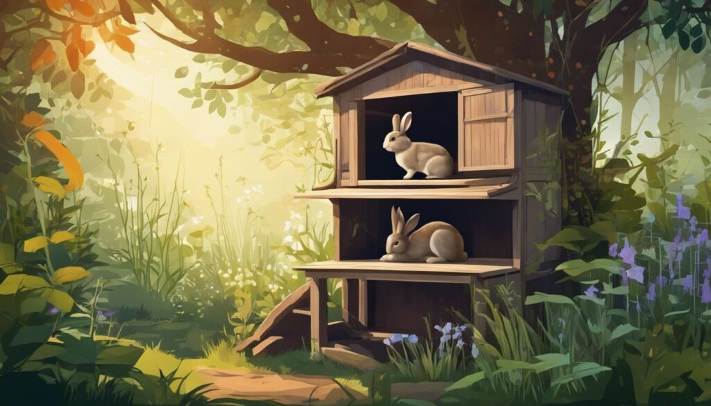 Een verweerde houten konijnenhok in een wilde, overwoekerde tuin.