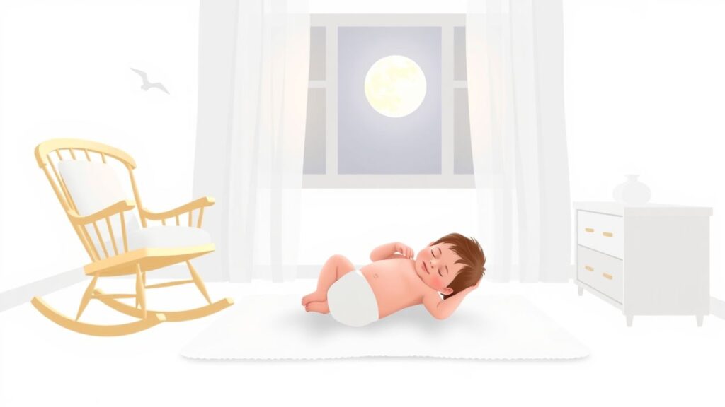 Een rustgevende kinderkamer met een slapende baby en een schommelstoel.