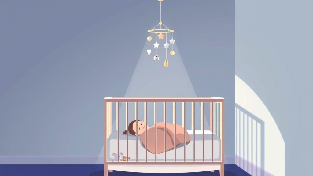Een rustige babykamer met slapende baby in de wieg.