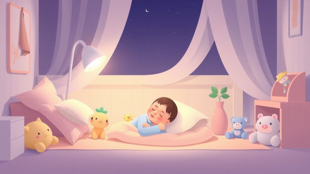 Een rustige babykamer met slapende baby en knuffels in nachtlicht.
