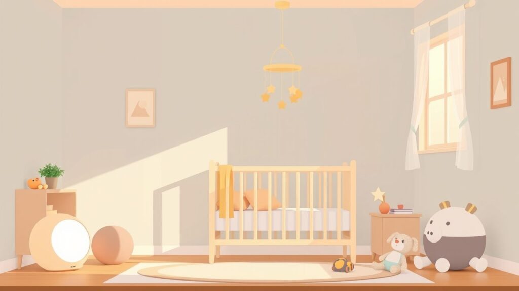Een gezellige babykamer met een rustige sfeer en zachte kleuren.