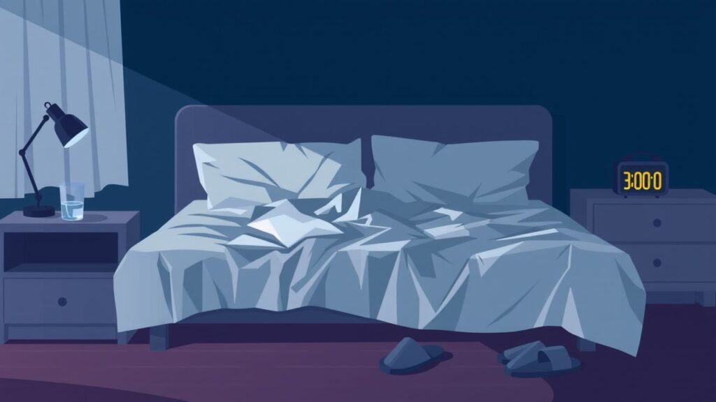 Een rommelige slaapkamer met een opgemaakt bed en slippers op de vloer.