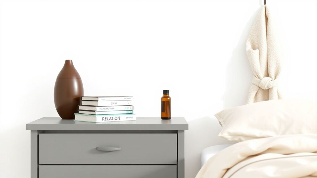 Een gezellige slaapkamer met boeken, een diffuser en een badjas.