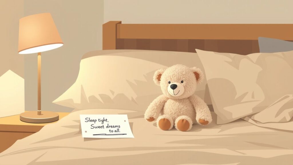 Een gezellige slaapkamer met knuffels en een handgeschreven boodschap.