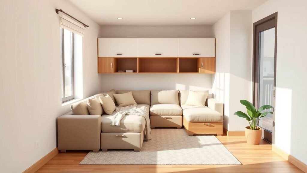 Een compacte woonkamer met een multifunctionele slaapbank in moderne stijl.