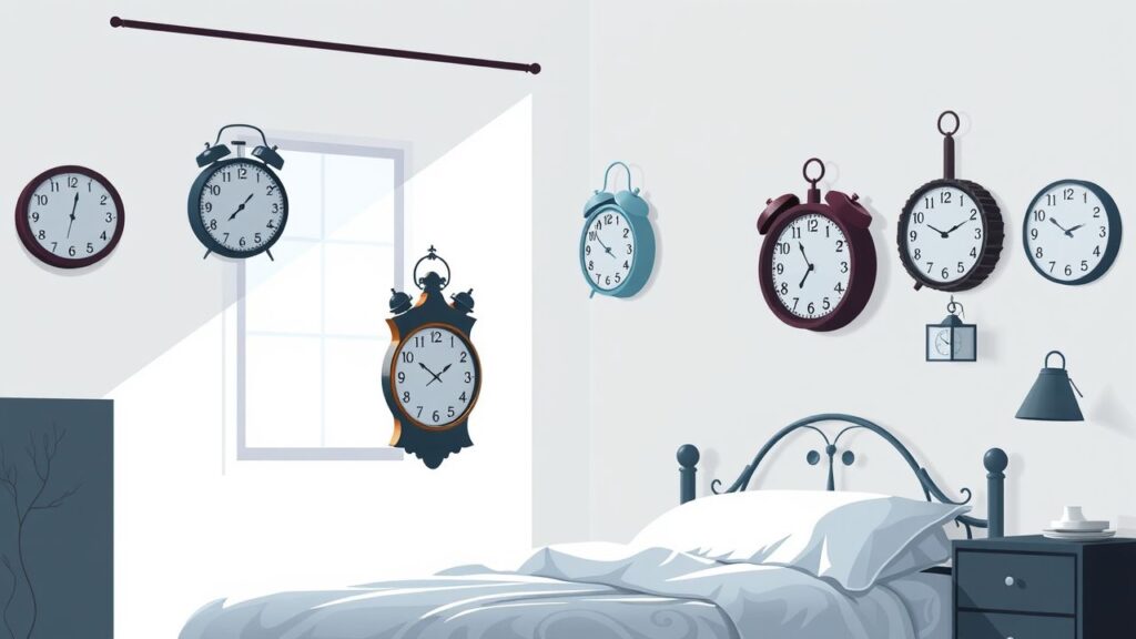 Een rustige slaapkamer met verschillende klokken die de unieke slaapbehoeften van verschillende leeftijdsgroepen vertegenwoordigen.
