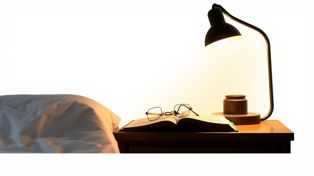 Een slaapkamer met nachtkastje, bril en boek bij lamplicht.