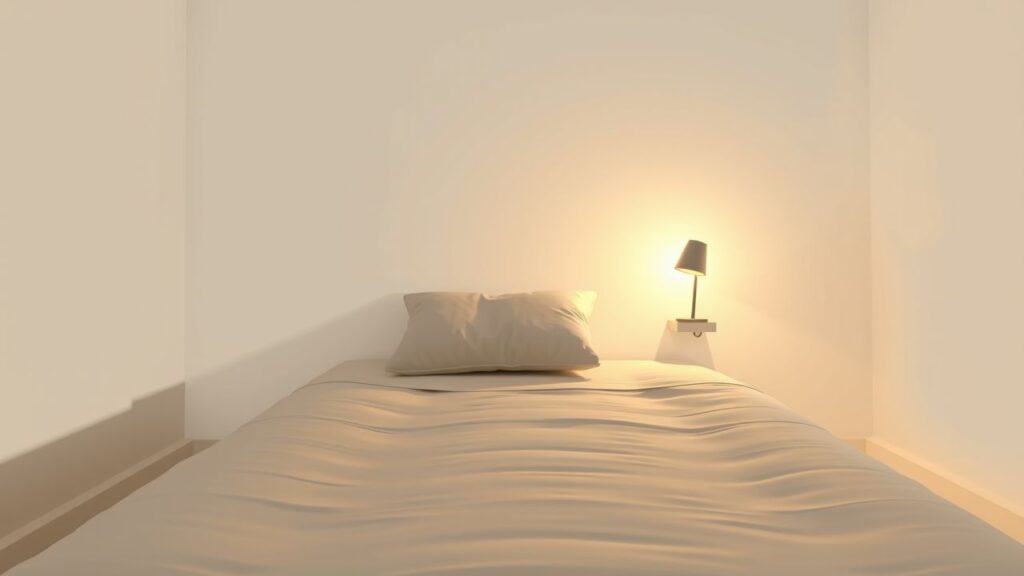 Een opgeruimde slaapkamer met een netjes opgemaakt bed en een warme lamp.