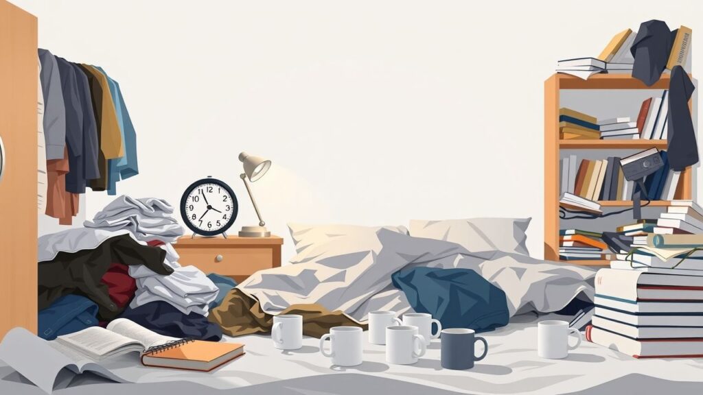 Een rommelige slaapkamer met kleding, boeken en koffiekopjes.