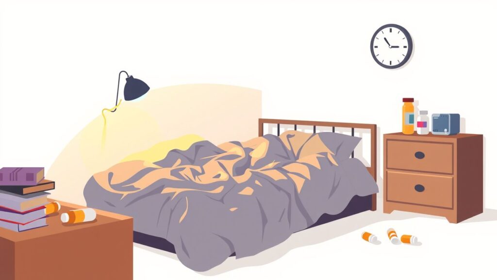 Een rommelige slaapkamer met een onopgemaakt bed en medicijnflessen.