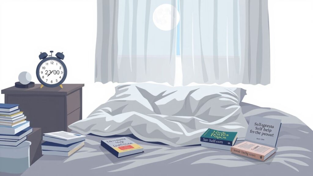 Een rommelige slaapkamer met zelfhulpboeken over slapeloosheid en een rommelig bed.