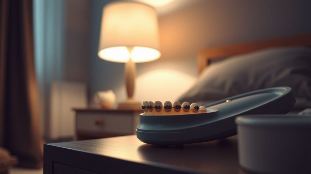 Een aangepaste Mandibulaire Repositioning Appliance (MRA) rust op een nachtkastje.