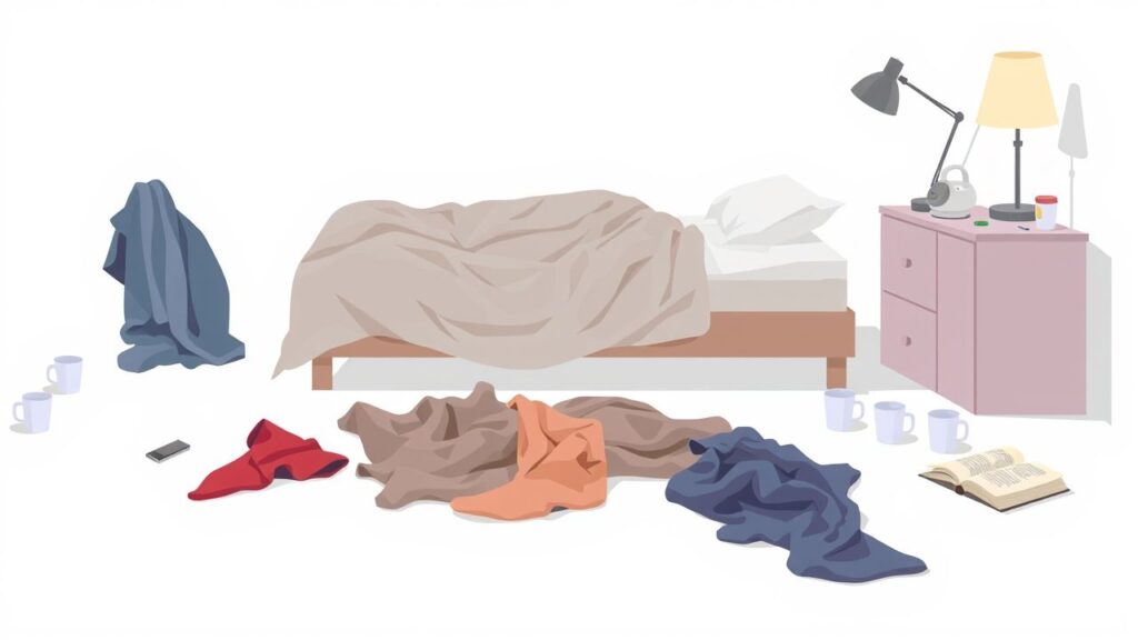 Een rommelige slaapkamer met een onopgemaakt bed en kleding op de vloer.