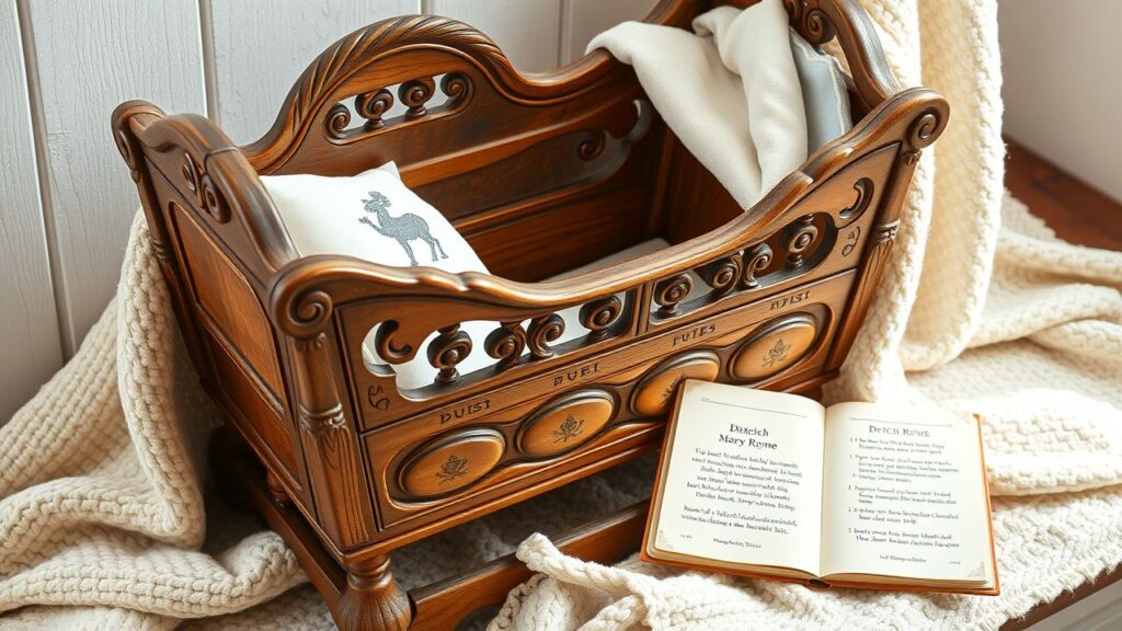 Een vintage houten wieg met dekens en een kinderliedjesboek.